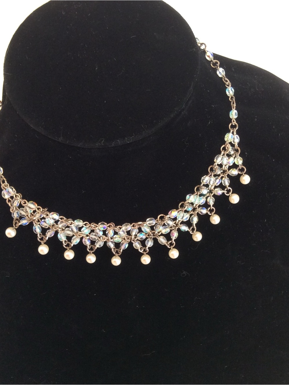 Vintage Gold-Tone Pearl and Aurora Borealis Crystal Bib Necklace